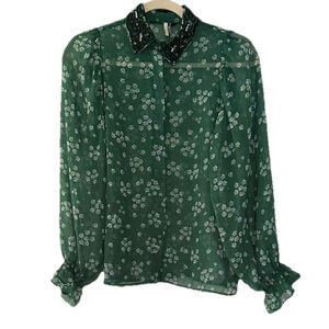 Topshop Women’s S Blouse Long Sleeve Button Up Sheer‎ Beaded Collar Green Floral